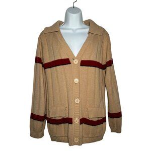 Vintage 70s Sweater Girl of California Stripe Collar Cardigan Tan Red Preppy S/M
